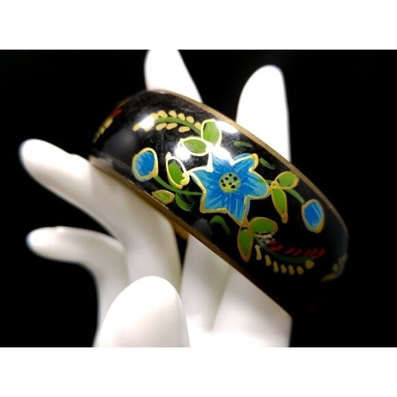 Vintage Wide Brass Hand Painted Flower Bracelet, Gold Accents, 1970s, 8 Inches - Picture 4 of 10